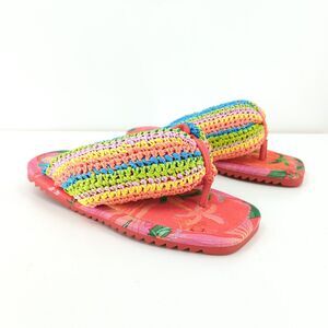 FARM RIO Women 6 Toucans Crochet Puffly Flip Flop Sandals Orange Pink Rainbow
